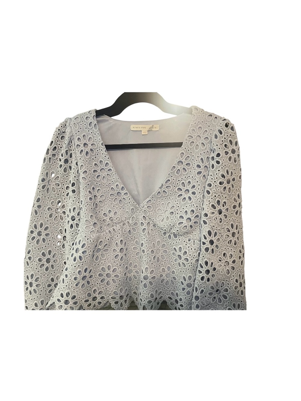 Altar'd State Light Gray Floral Eyelet V-Neck Blouse